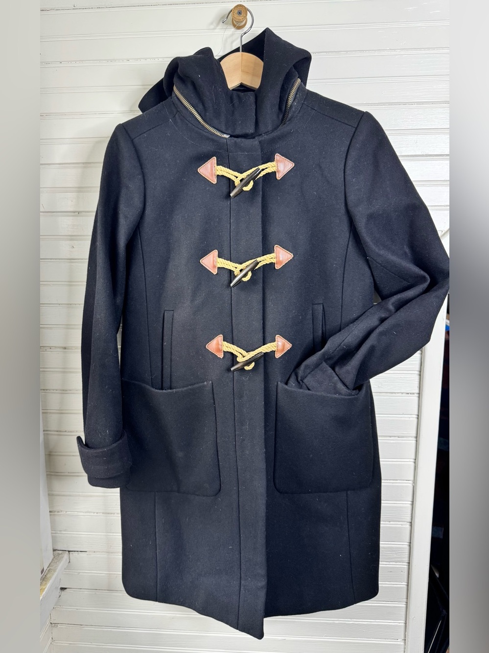J. Crew Black Wool Toggle Pea Duffle Coat with Hood Sz 4